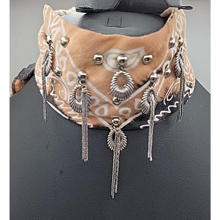 Dannijo Bandana Necklace Black Brown Print Silver Studs Fringe Boho Festival