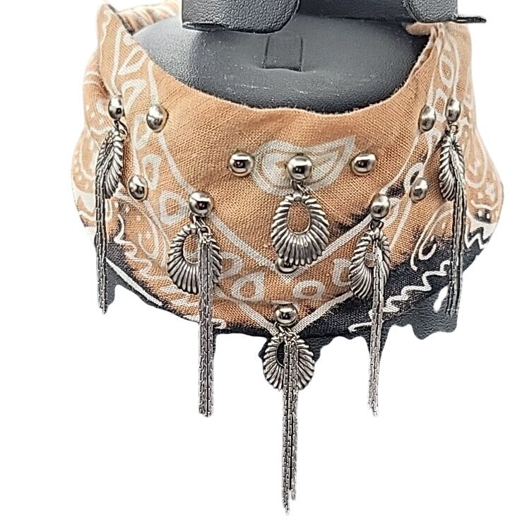 Dannijo Bandana Necklace Black Brown Print Silver Studs Fringe Boho Festival