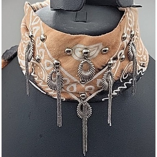 Dannijo Bandana Necklace Black Brown Print Silver Studs Fringe Boho Festival