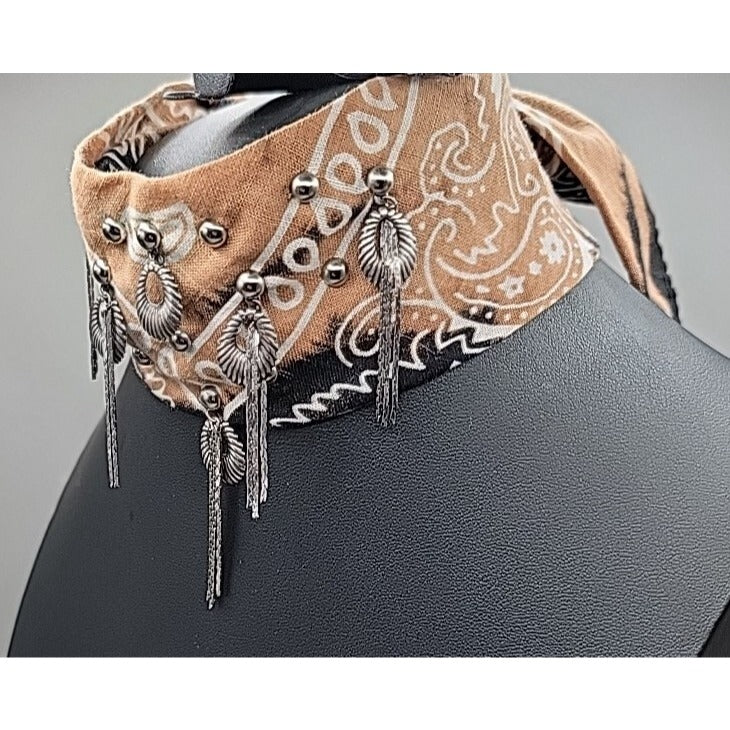 Dannijo Bandana Necklace Black Brown Print Silver Studs Fringe Boho Festival