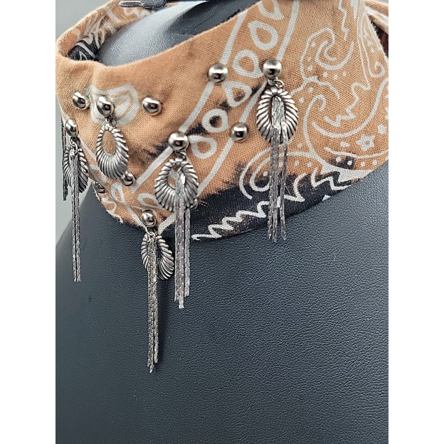 Dannijo Bandana Necklace Black Brown Print Silver Studs Fringe Boho Festival