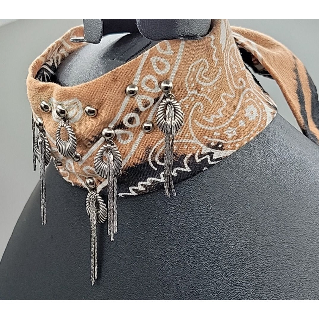 Dannijo Bandana Necklace Black Brown Print Silver Studs Fringe Boho Festival