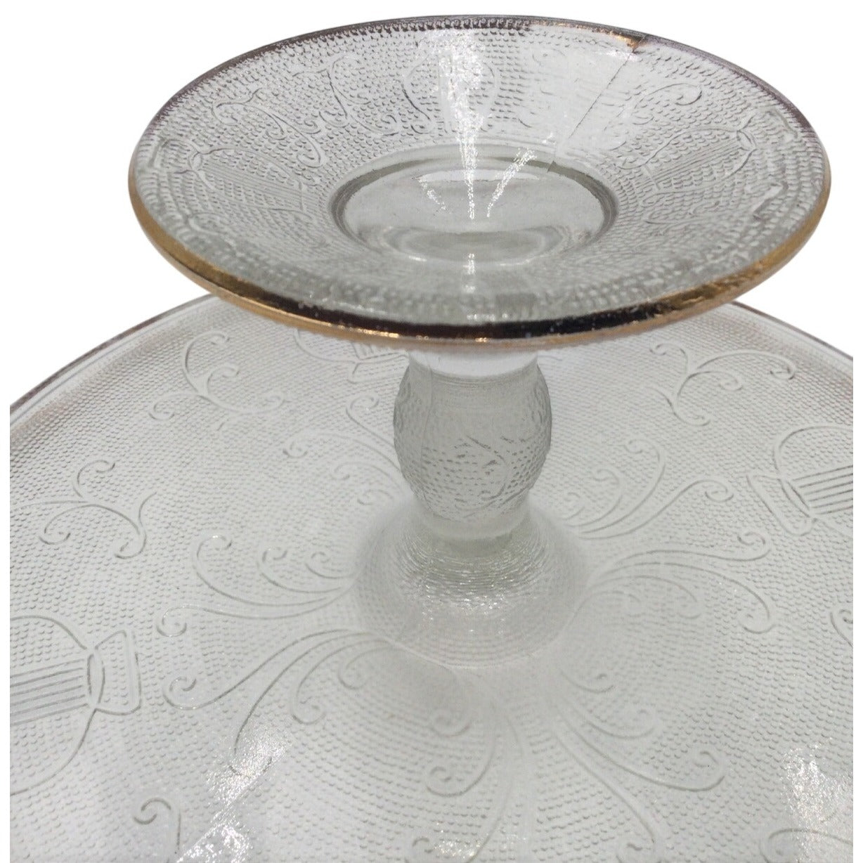 Vintage Jeanette Co Glass Harp Cake Stand 10" Lyre Round Pattern Light Pink Tone