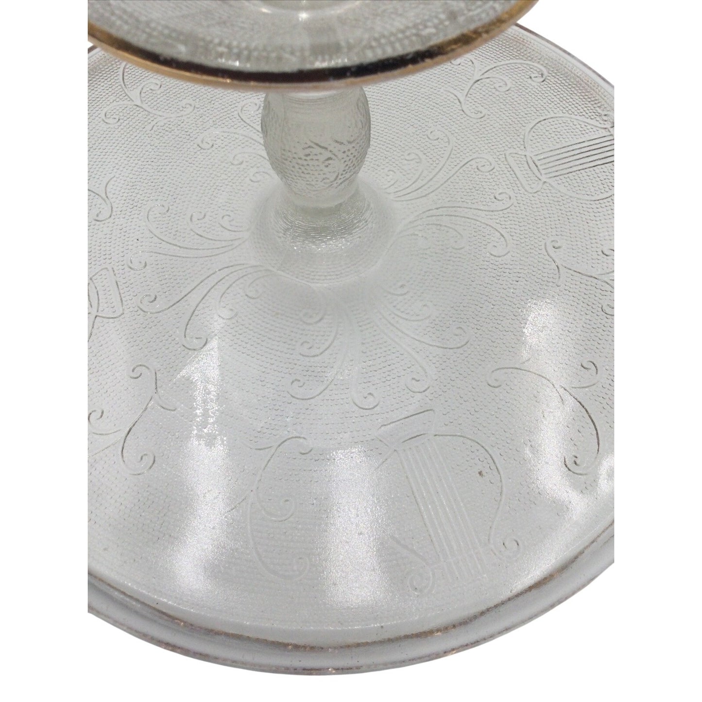 Vintage Jeanette Co Glass Harp Cake Stand 10" Lyre Round Pattern Light Pink Tone