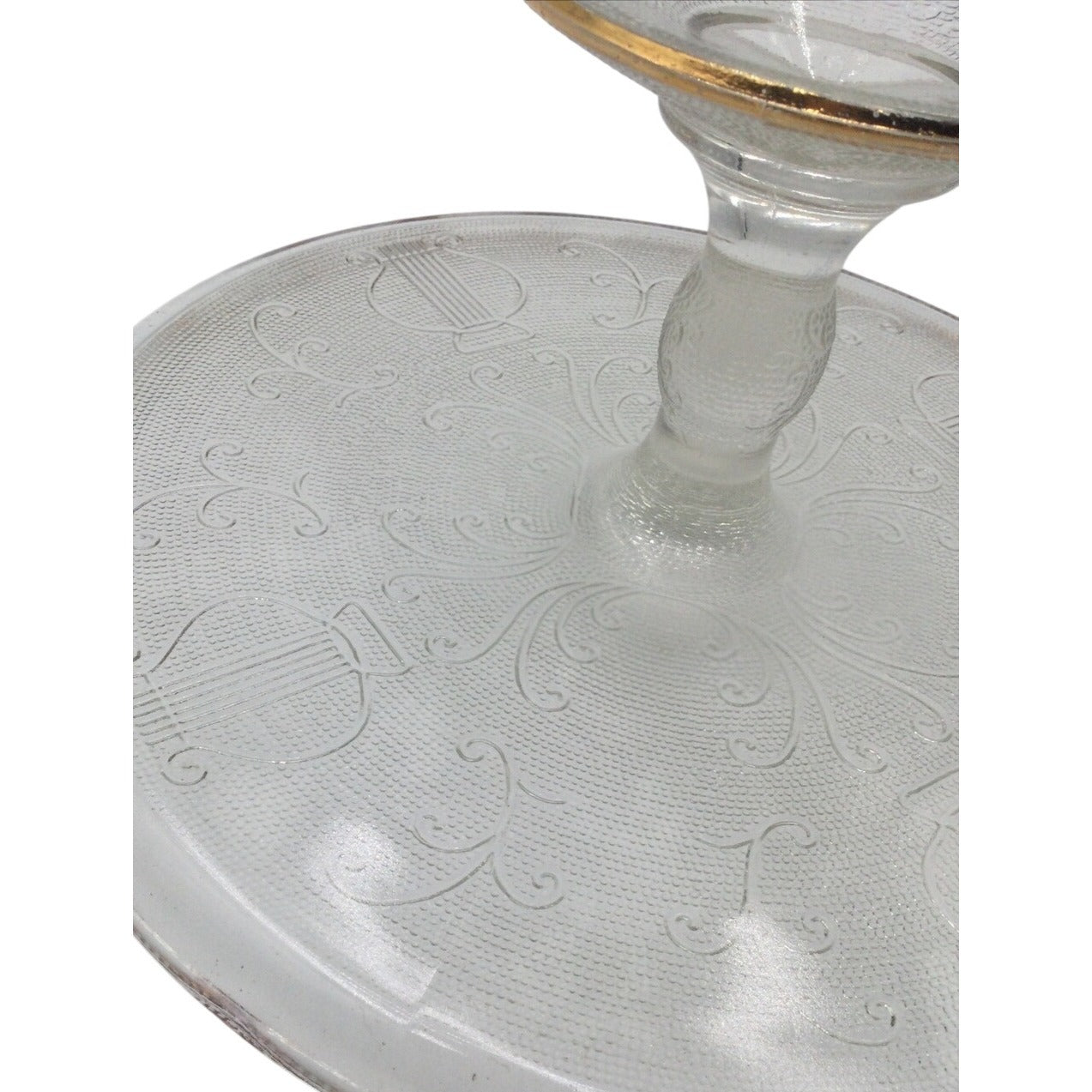 Vintage Jeanette Co Glass Harp Cake Stand 10" Lyre Round Pattern Light Pink Tone