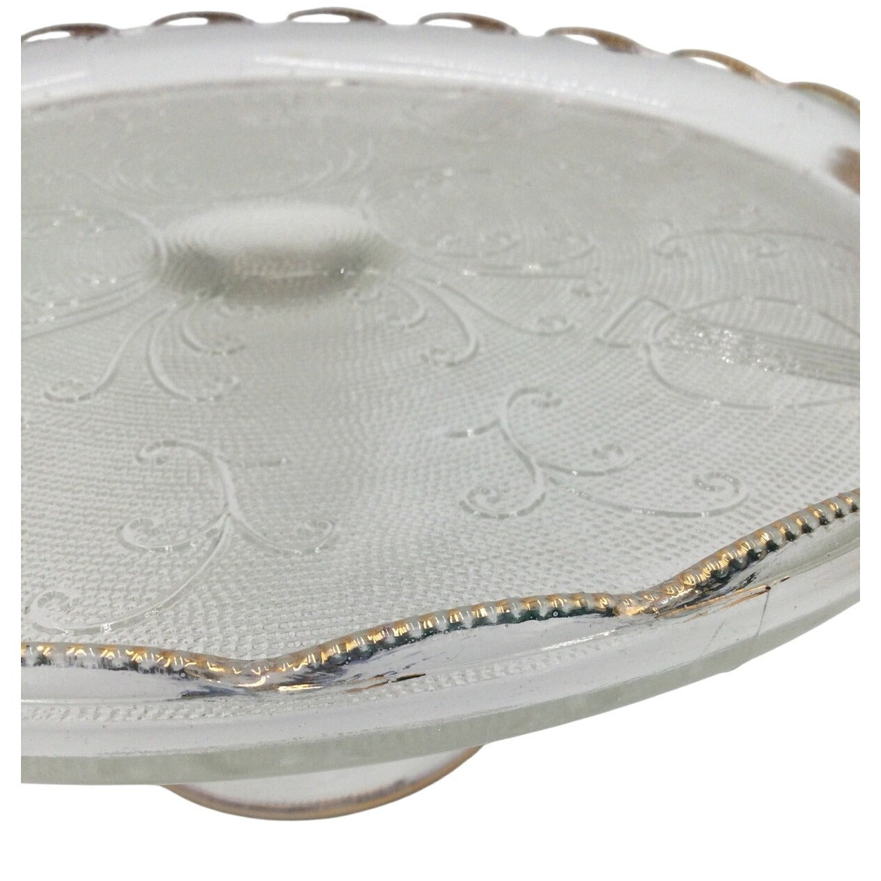 Vintage Jeanette Co Glass Harp Cake Stand 10" Lyre Round Pattern Light Pink Tone