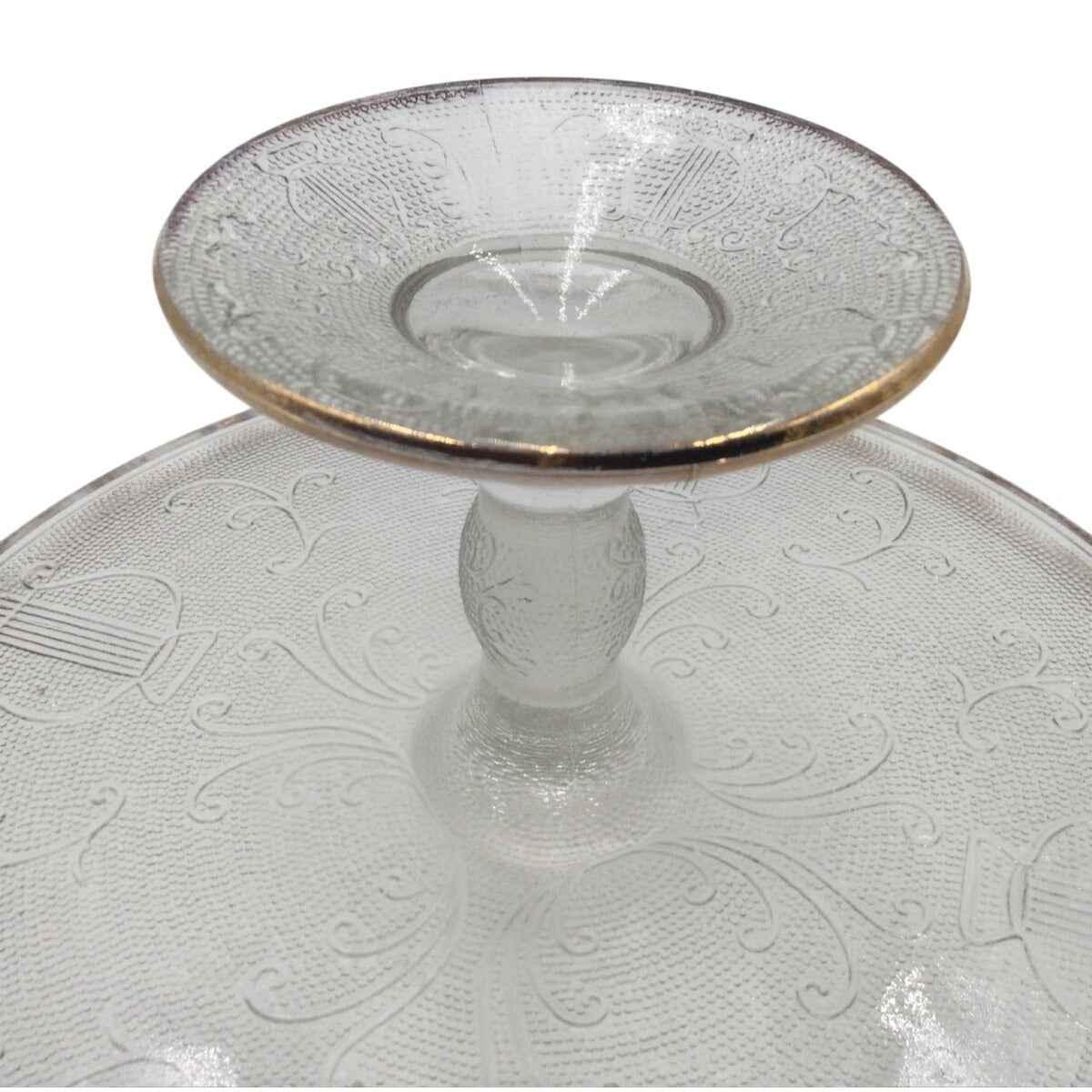 Vintage Jeanette Co Glass Harp Cake Stand 10" Lyre Round Pattern Light Pink Tone