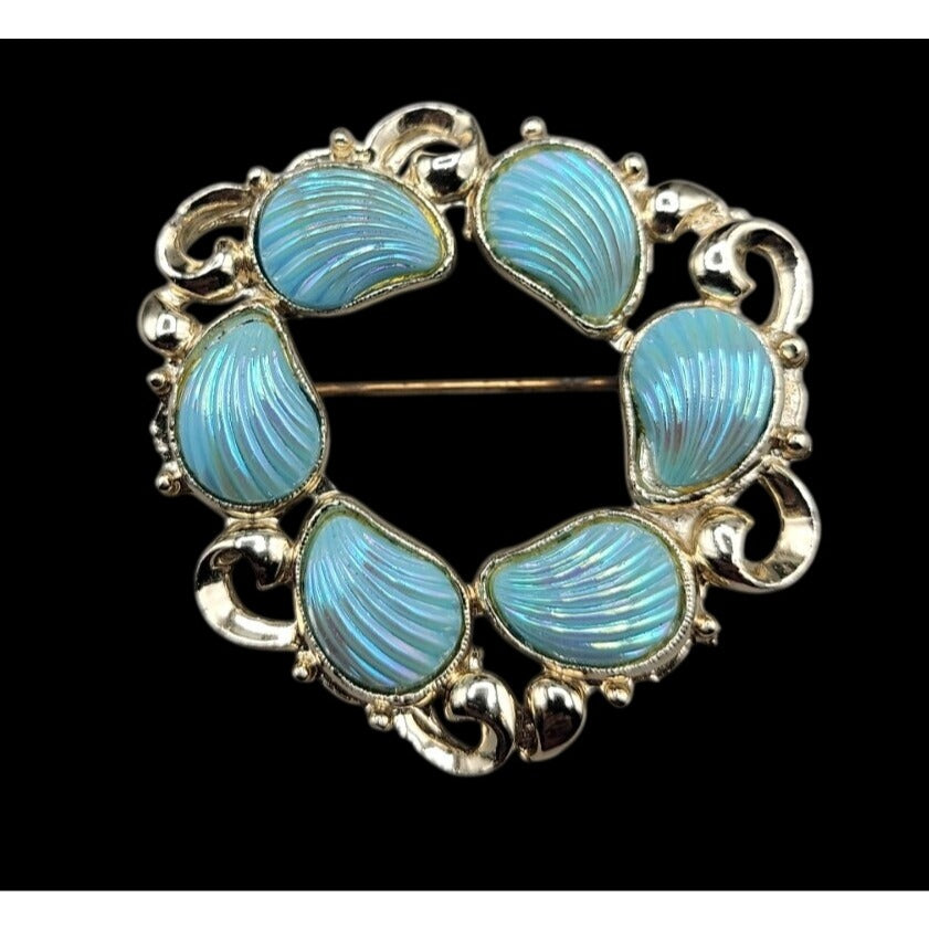 Vintage Carved Shell Gemstone Gold Plated Wreath Brooch Iridescent Baby Blue