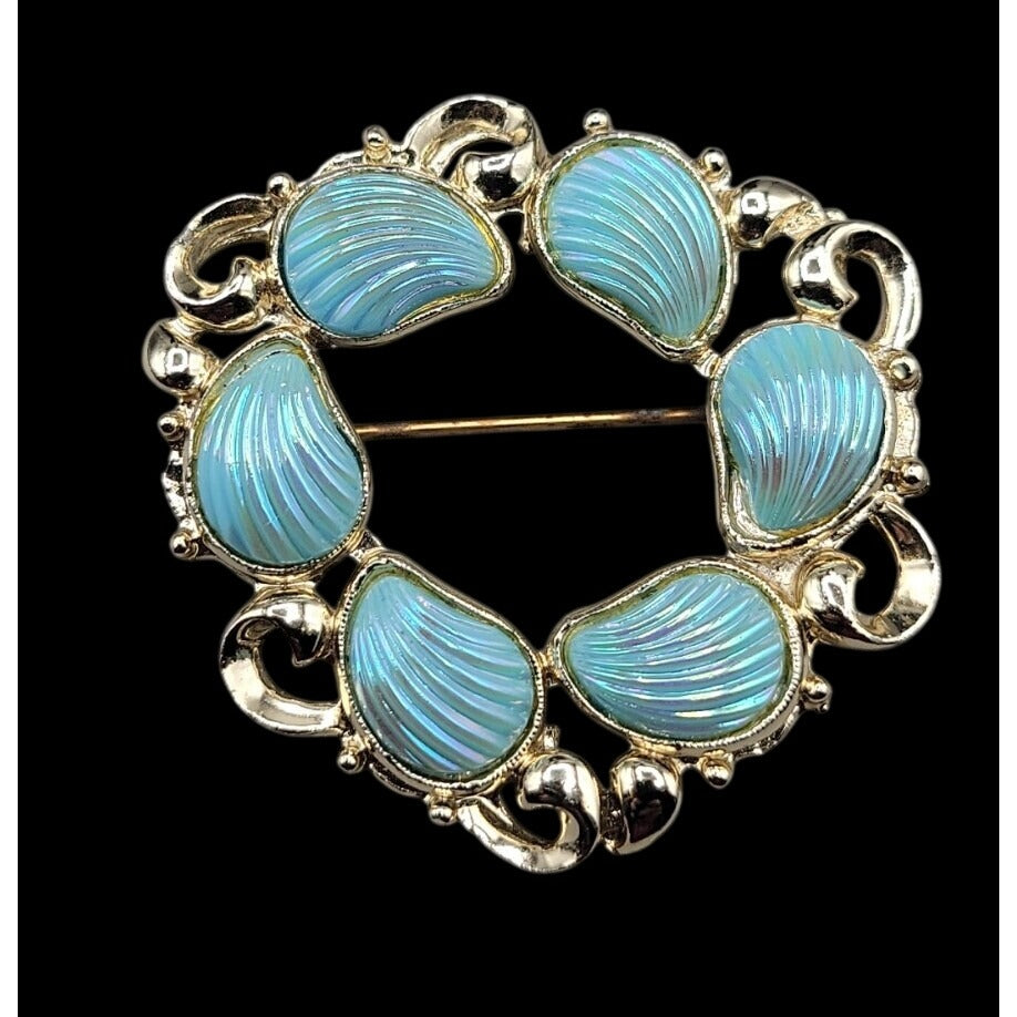 Vintage Carved Shell Gemstone Gold Plated Wreath Brooch Iridescent Baby Blue