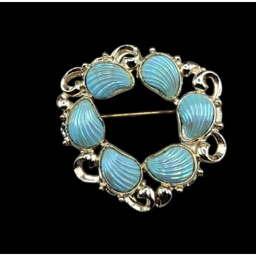 Vintage Carved Shell Gemstone Gold Plated Wreath Brooch Iridescent Baby Blue