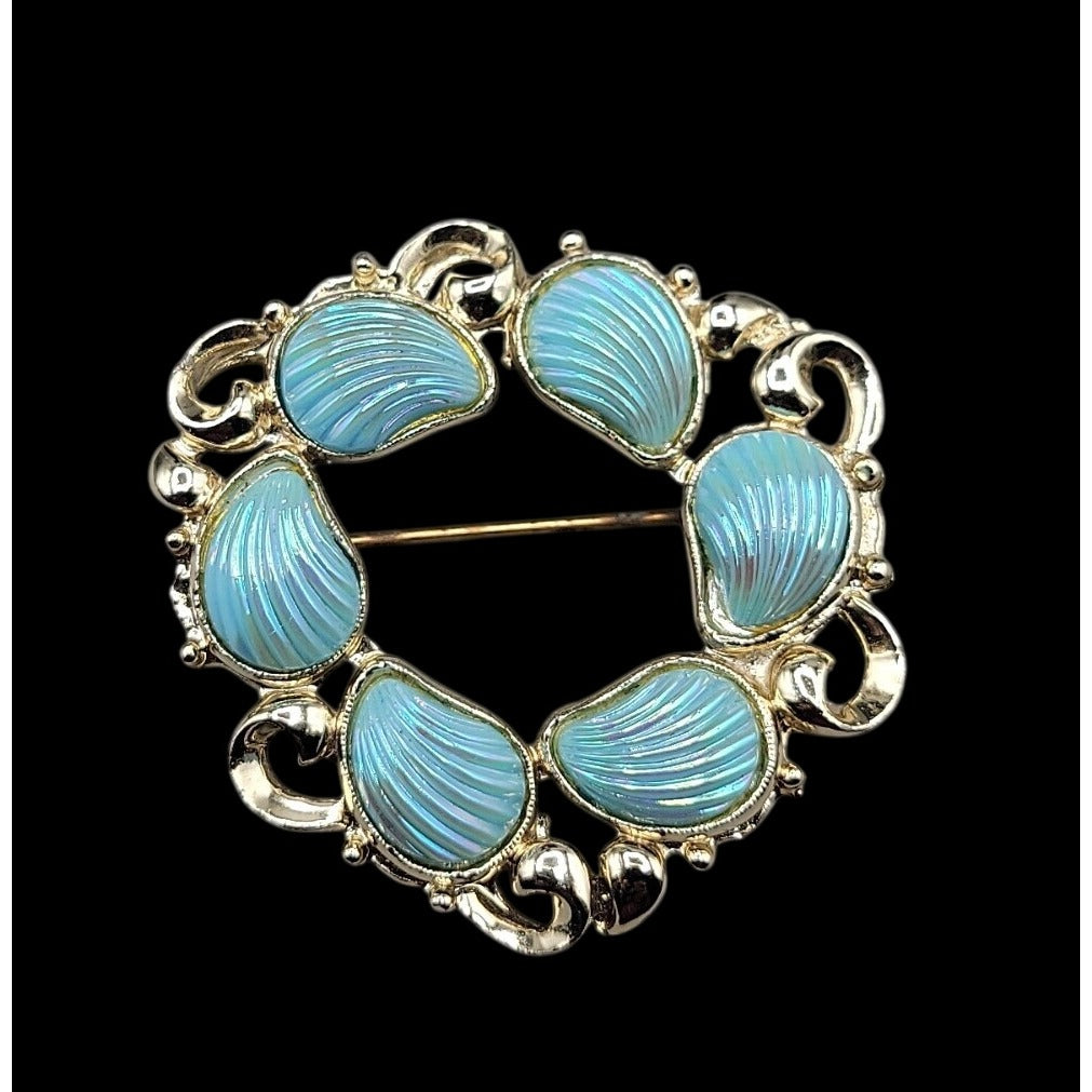 Vintage Carved Shell Gemstone Gold Plated Wreath Brooch Iridescent Baby Blue