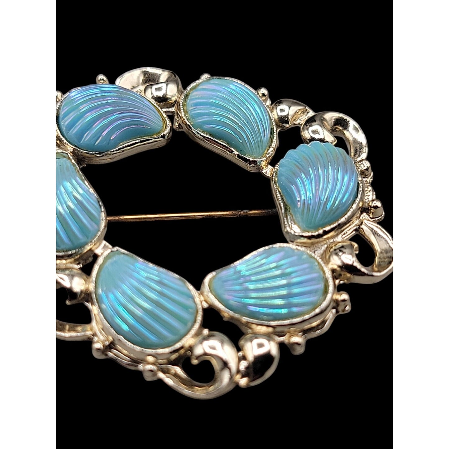 Vintage Carved Shell Gemstone Gold Plated Wreath Brooch Iridescent Baby Blue