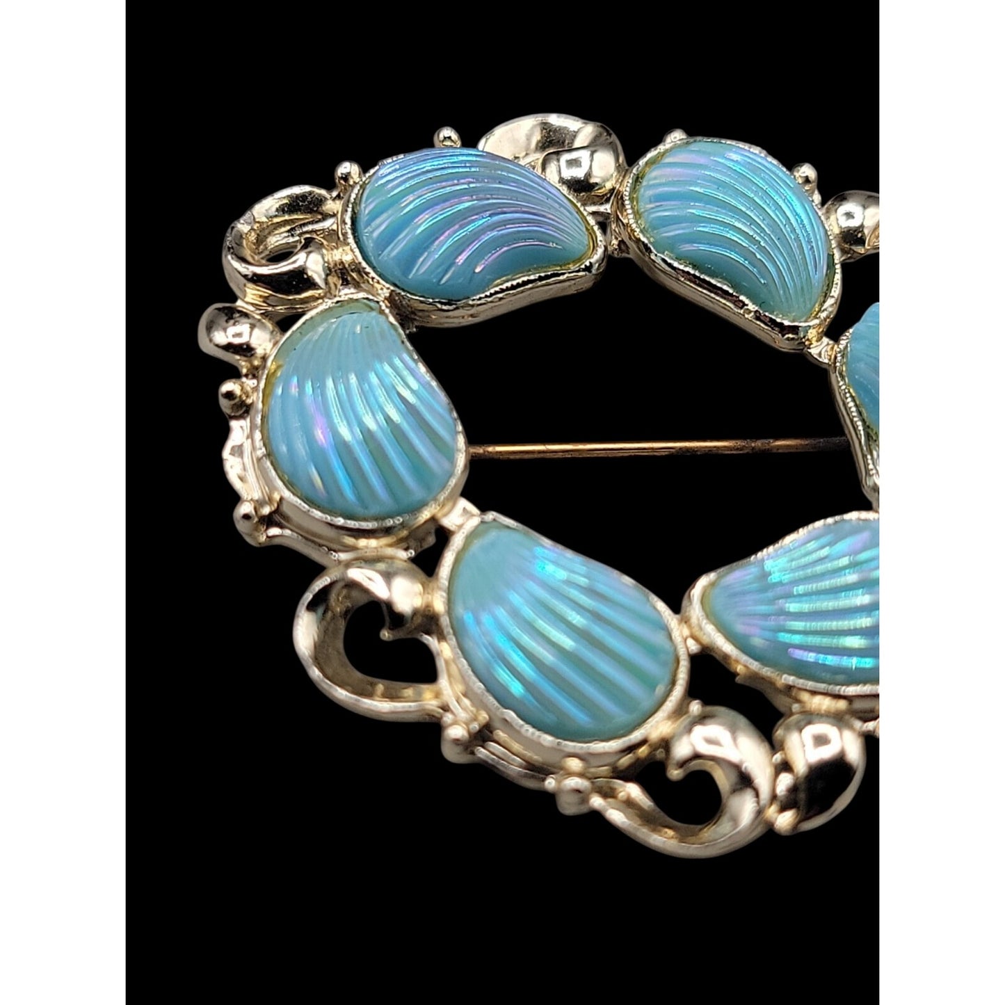 Vintage Carved Shell Gemstone Gold Plated Wreath Brooch Iridescent Baby Blue