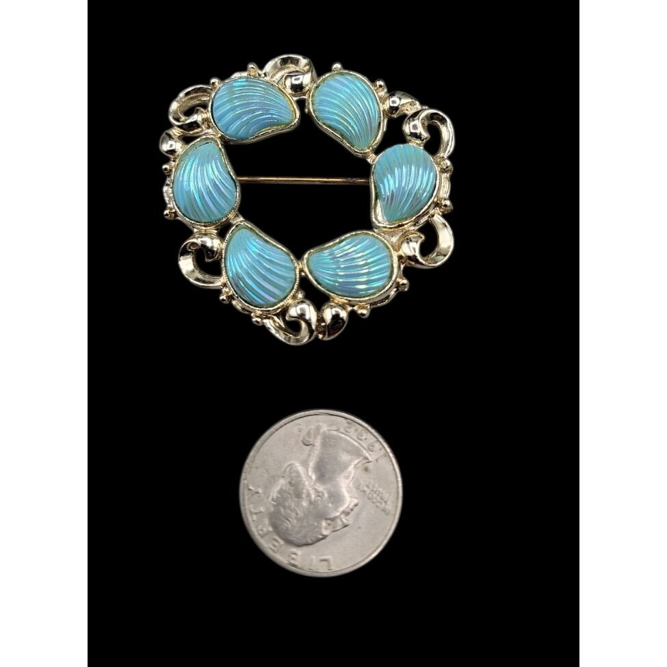 Vintage Carved Shell Gemstone Gold Plated Wreath Brooch Iridescent Baby Blue