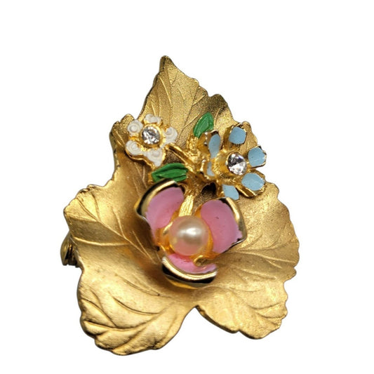 Vintage Floral Lily Pad Brooch Enamel Rhinestones Faux Pearl Gold Tone 1950s