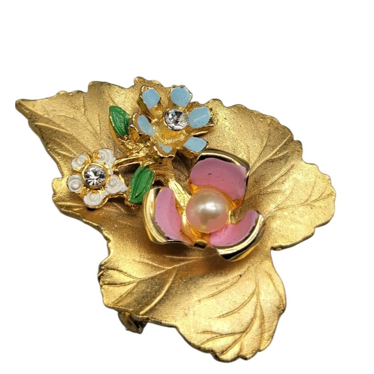Vintage Floral Lily Pad Brooch Enamel Rhinestones Faux Pearl Gold Tone 1950s