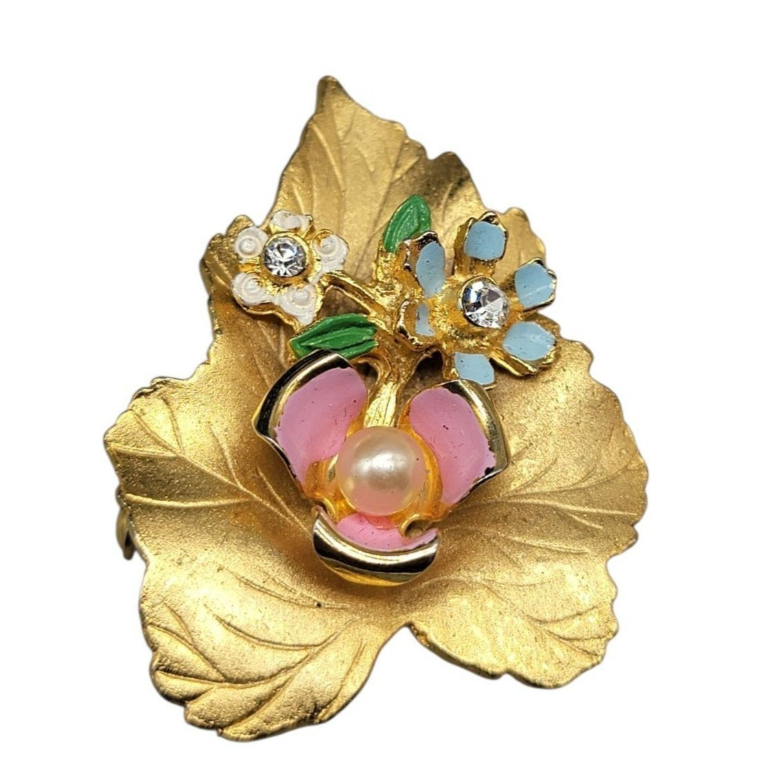 Vintage Floral Lily Pad Brooch Enamel Rhinestones Faux Pearl Gold Tone 1950s