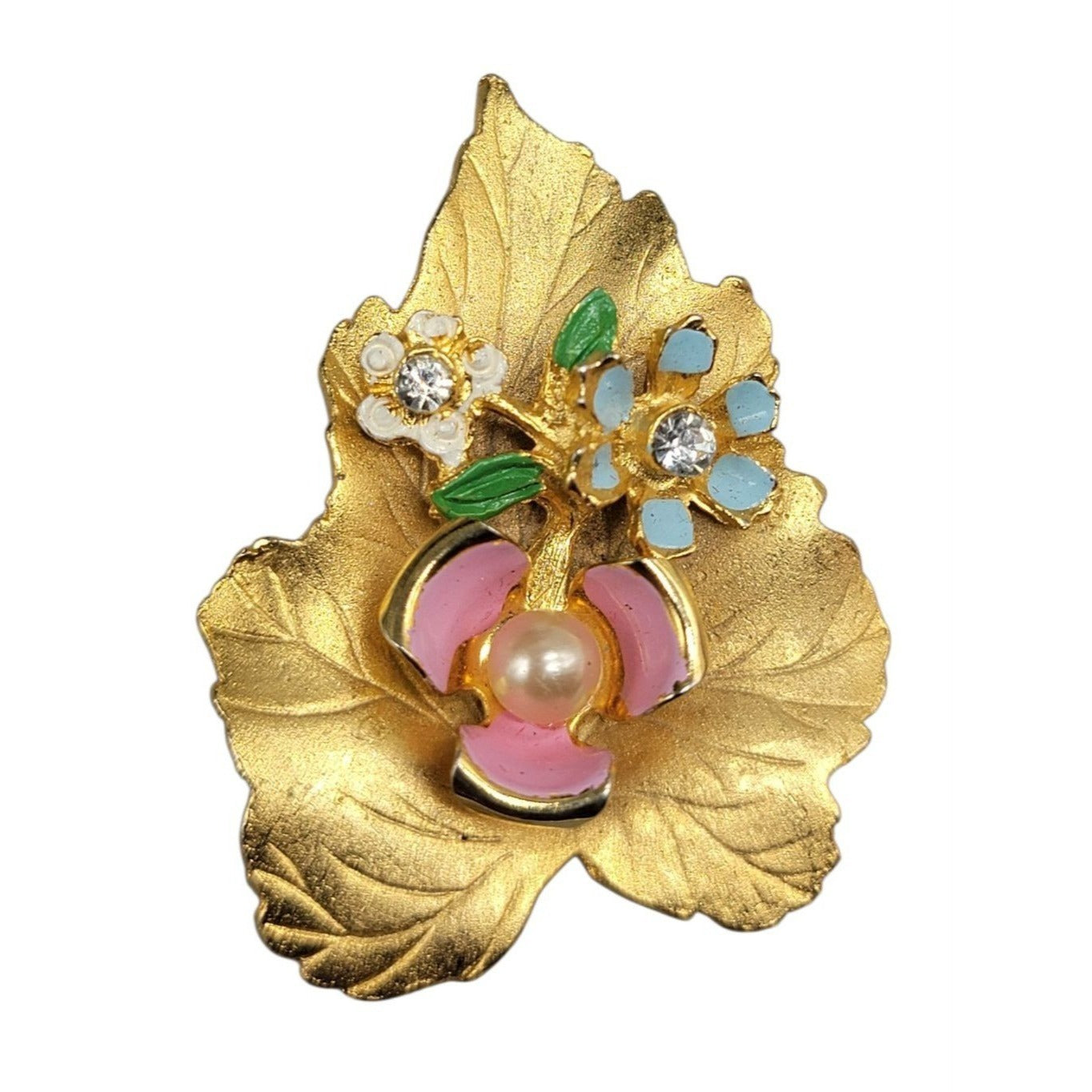Vintage Floral Lily Pad Brooch Enamel Rhinestones Faux Pearl Gold Tone 1950s
