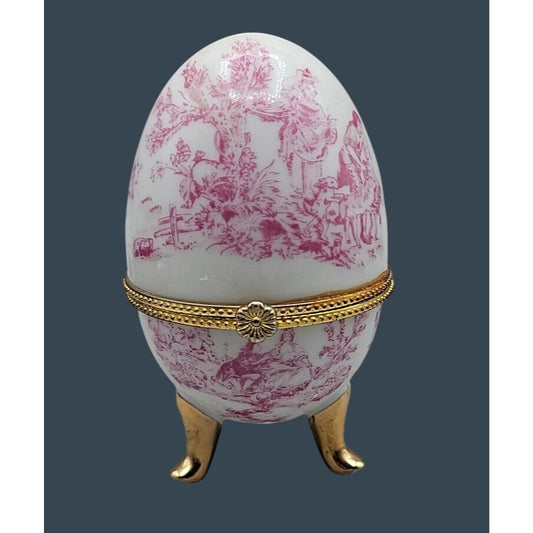 Vtg Porcelain Egg Shaped Trinket Box Pink Toile de Jouy French Pastoral 3.75"