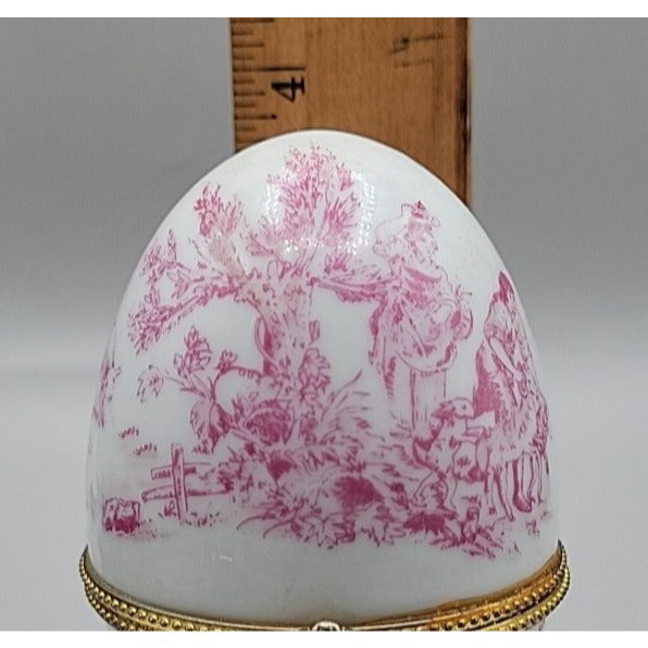 Vtg Porcelain Egg Shaped Trinket Box Pink Toile de Jouy French Pastoral 3.75"