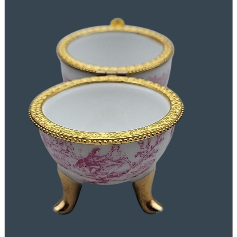 Vtg Porcelain Egg Shaped Trinket Box Pink Toile de Jouy French Pastoral 3.75"