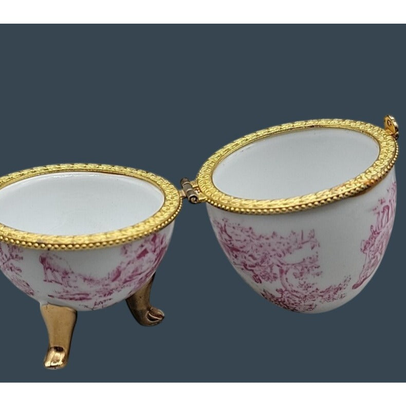 Vtg Porcelain Egg Shaped Trinket Box Pink Toile de Jouy French Pastoral 3.75"