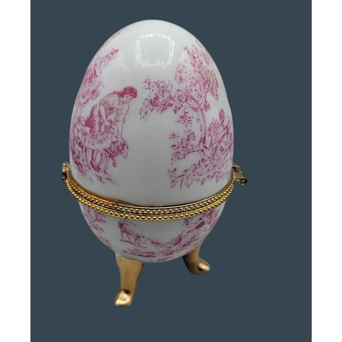 Vtg Porcelain Egg Shaped Trinket Box Pink Toile de Jouy French Pastoral 3.75"