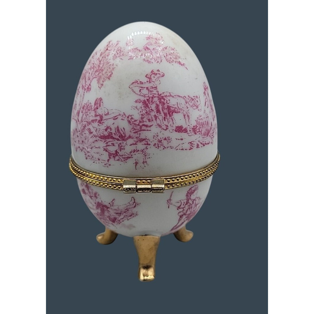 Vtg Porcelain Egg Shaped Trinket Box Pink Toile de Jouy French Pastoral 3.75"