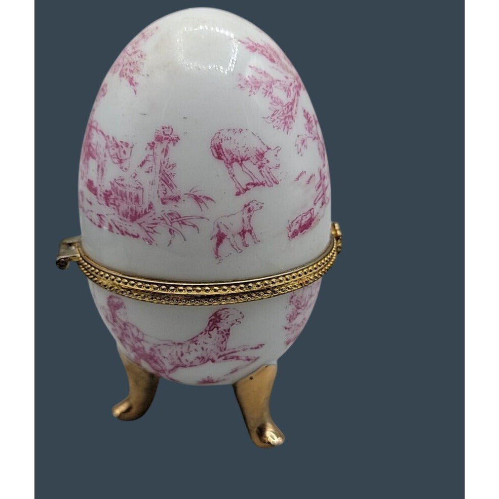 Vtg Porcelain Egg Shaped Trinket Box Pink Toile de Jouy French Pastoral 3.75"