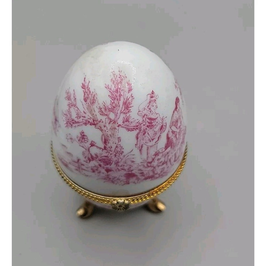 Vtg Porcelain Egg Shaped Trinket Box Pink Toile de Jouy French Pastoral 3.75"