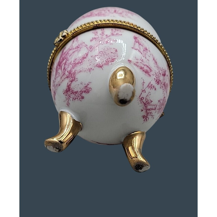 Vtg Porcelain Egg Shaped Trinket Box Pink Toile de Jouy French Pastoral 3.75"