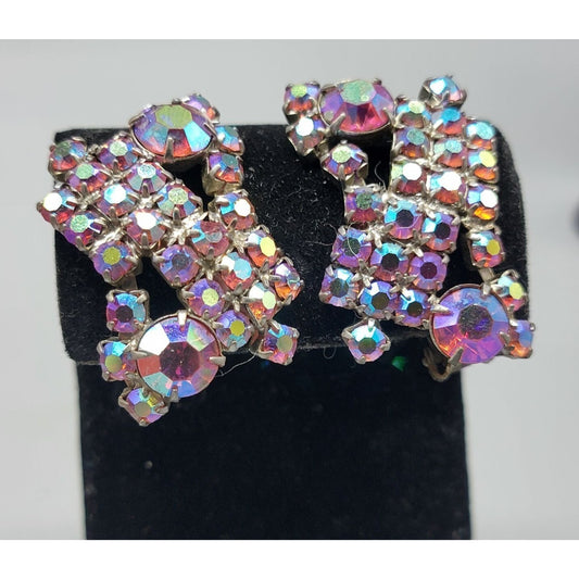 Alice Caviness Multi-Colored Aurora Borealis Clip On Earrings VTG Unsigned