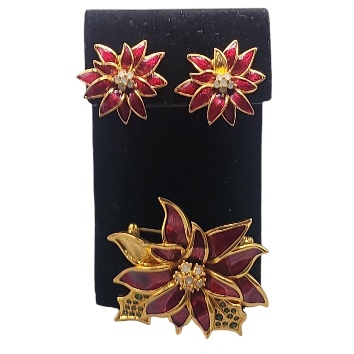 Nolan Miller Poinsettia Jewelry Set Red Enamel Gold Plated Chrjstmas Holiday
