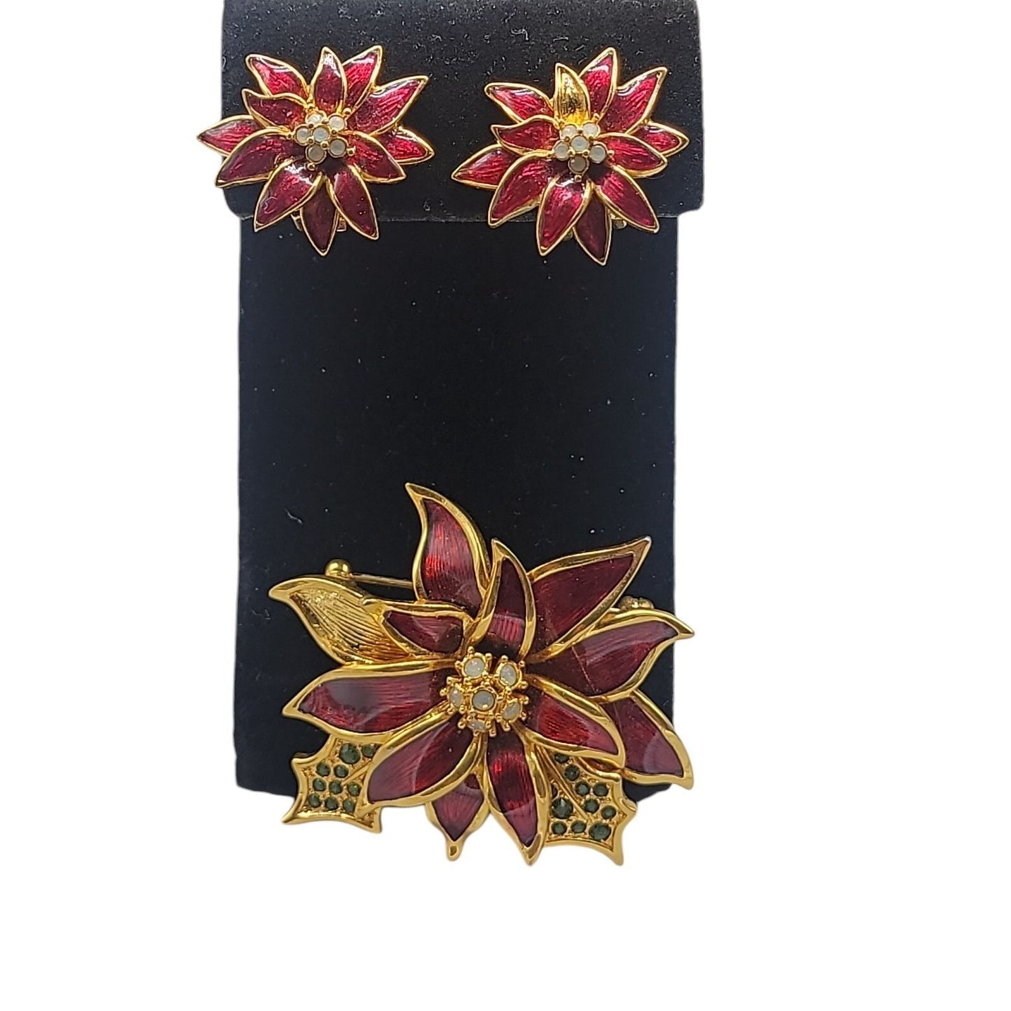 Nolan Miller Poinsettia Jewelry Set Red Enamel Gold Plated Chrjstmas Holiday