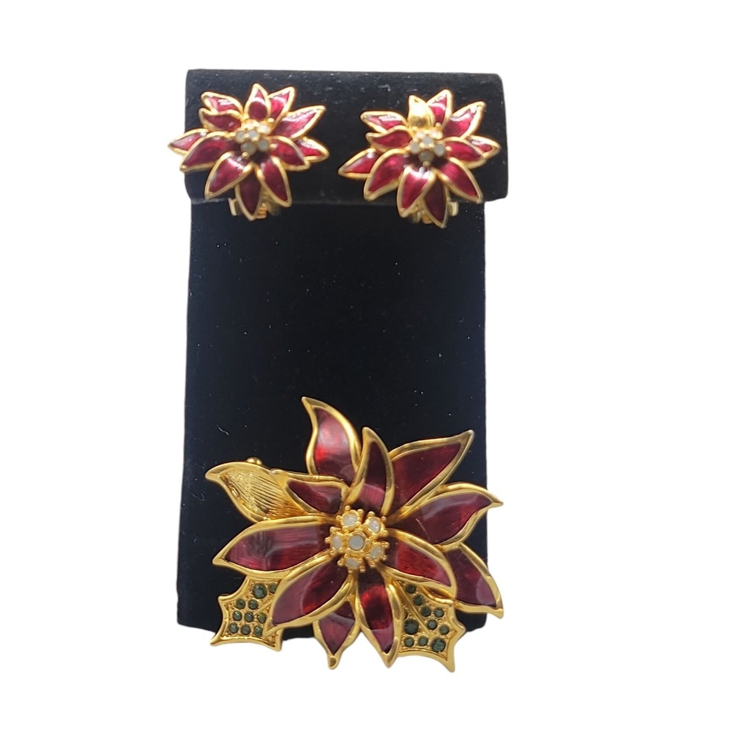 Nolan Miller Poinsettia Jewelry Set Red Enamel Gold Plated Chrjstmas Holiday