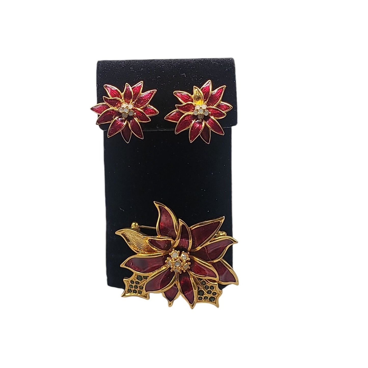 Nolan Miller Poinsettia Jewelry Set Red Enamel Gold Plated Chrjstmas Holiday