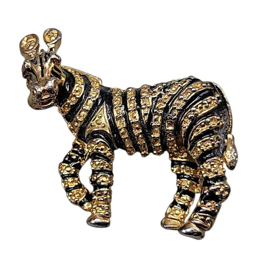 Designer Zebra Brooch Gold Tone Black Enamel Strips Vintage Safari Animal Pin