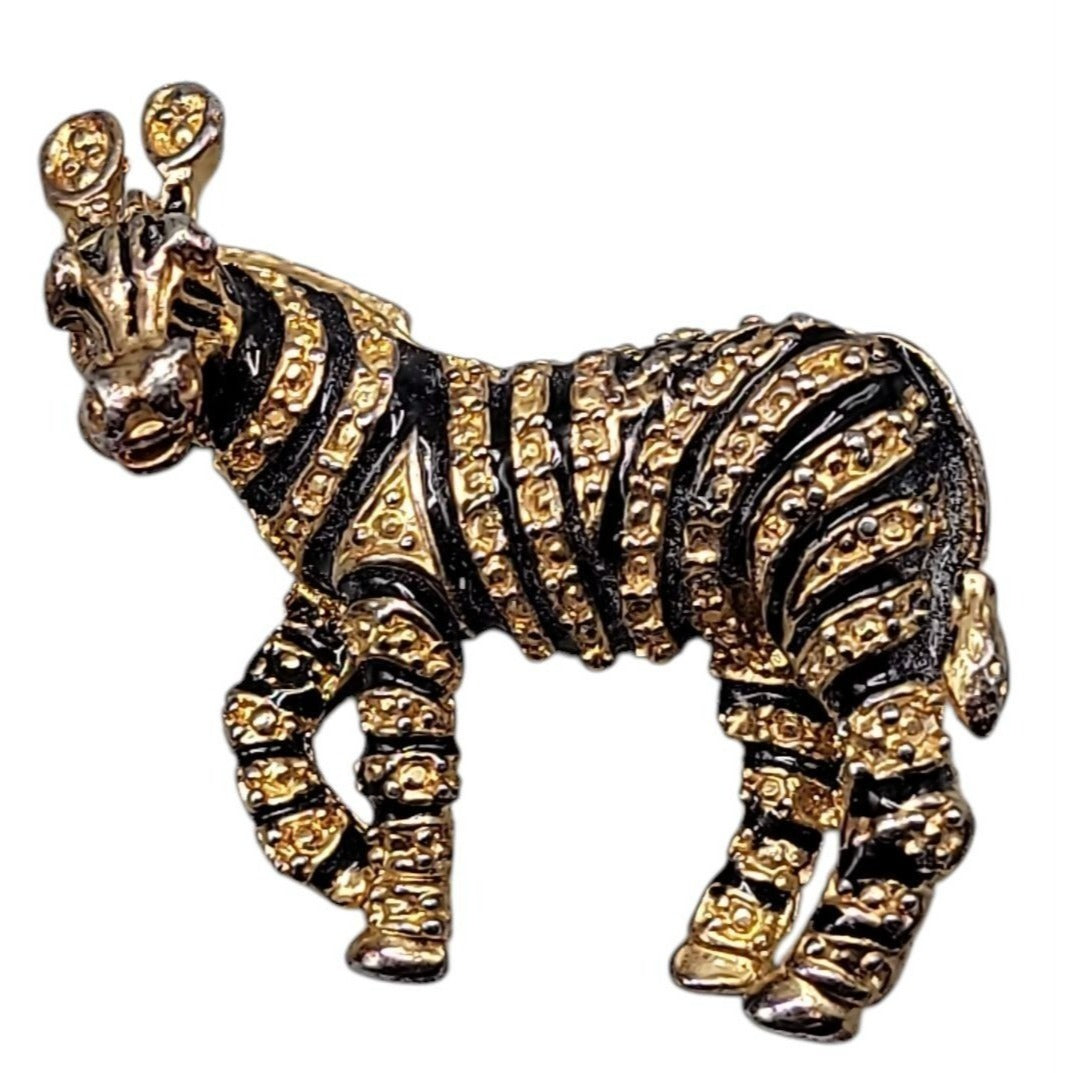 Designer Zebra Brooch Gold Tone Black Enamel Strips Vintage Safari Animal Pin