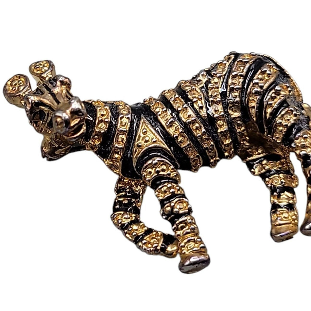 Designer Zebra Brooch Gold Tone Black Enamel Strips Vintage Safari Animal Pin