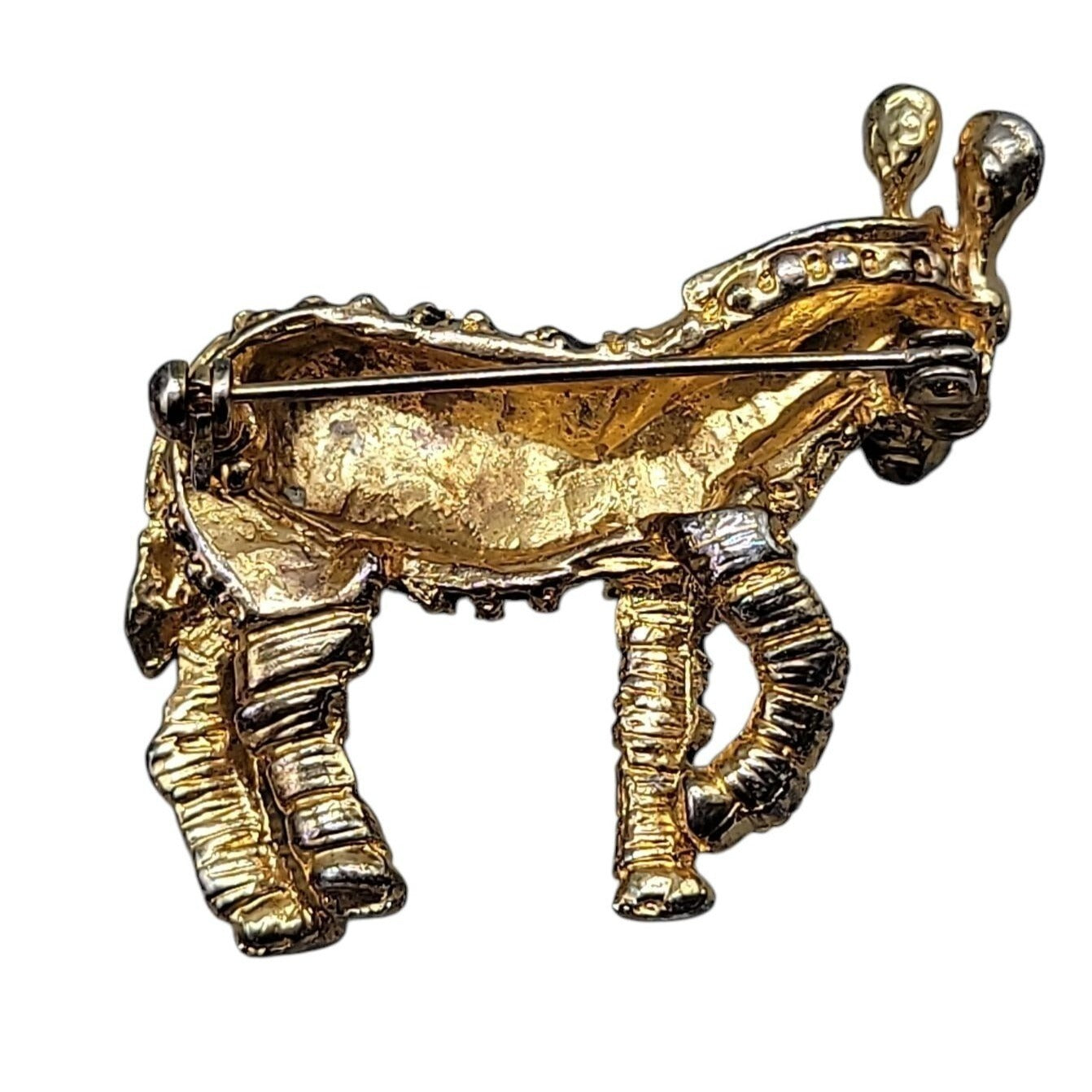Designer Zebra Brooch Gold Tone Black Enamel Strips Vintage Safari Animal Pin