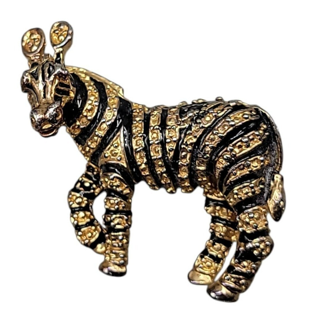 Designer Zebra Brooch Gold Tone Black Enamel Strips Vintage Safari Animal Pin