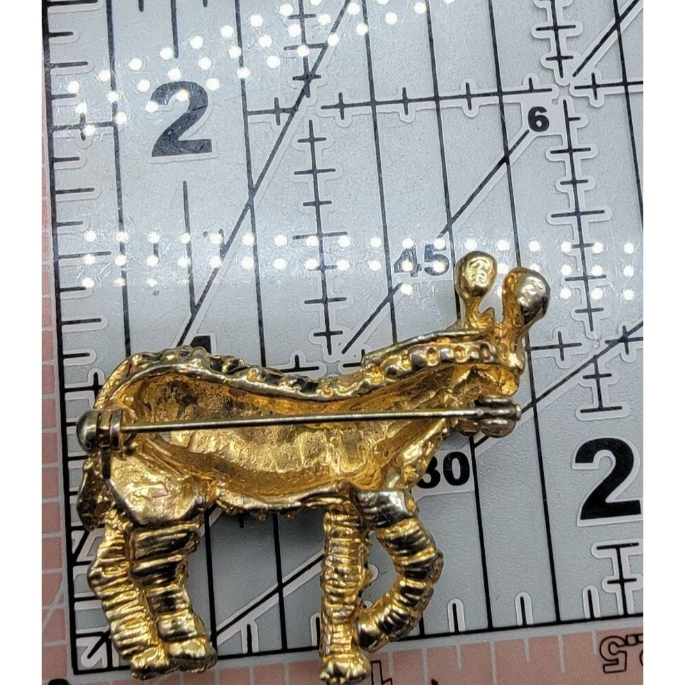 Designer Zebra Brooch Gold Tone Black Enamel Strips Vintage Safari Animal Pin