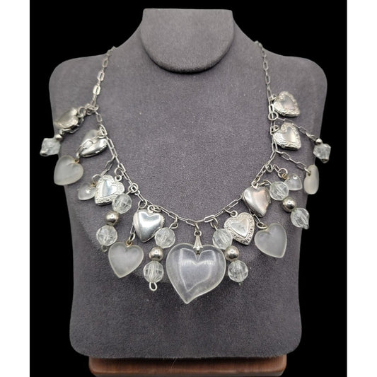 Love Choker Necklace 16" Frost Glass 8 Silver Plated Double Photo Locket Charms