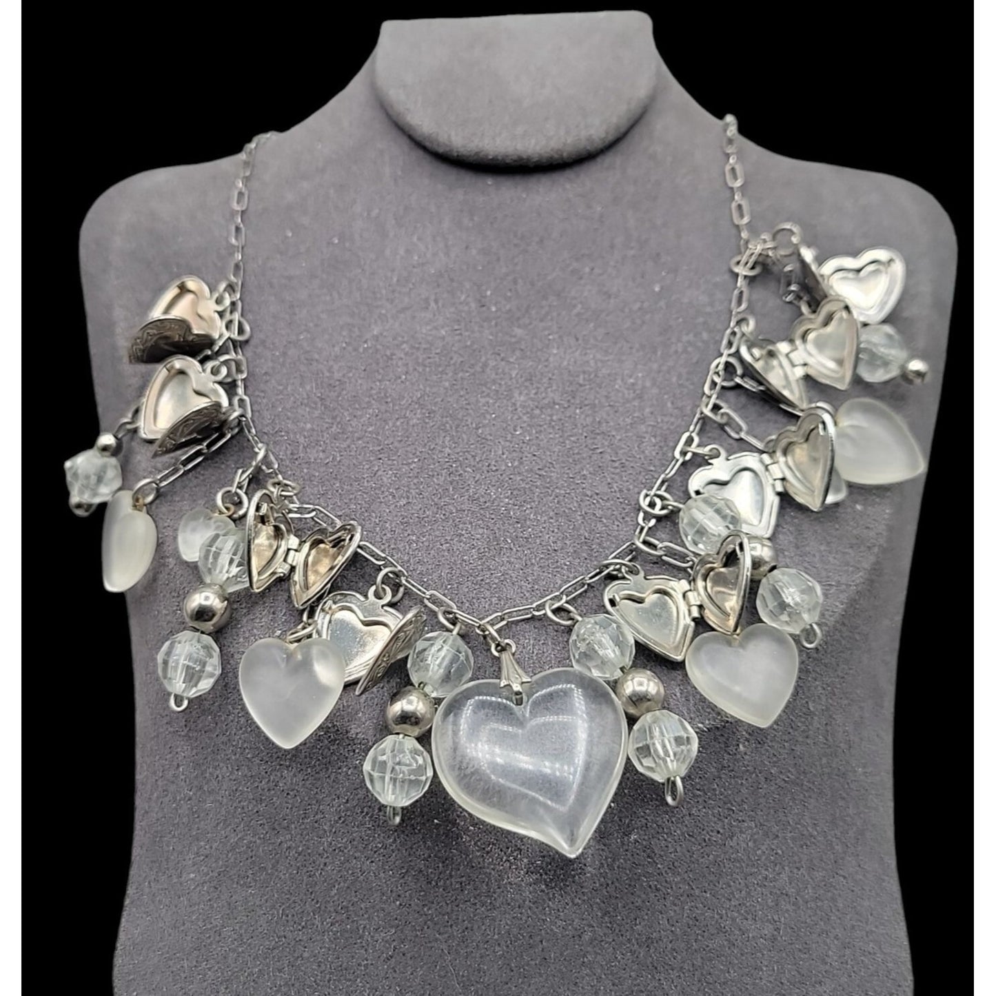 Love Choker Necklace 16" Frost Glass 8 Silver Plated Double Photo Locket Charms