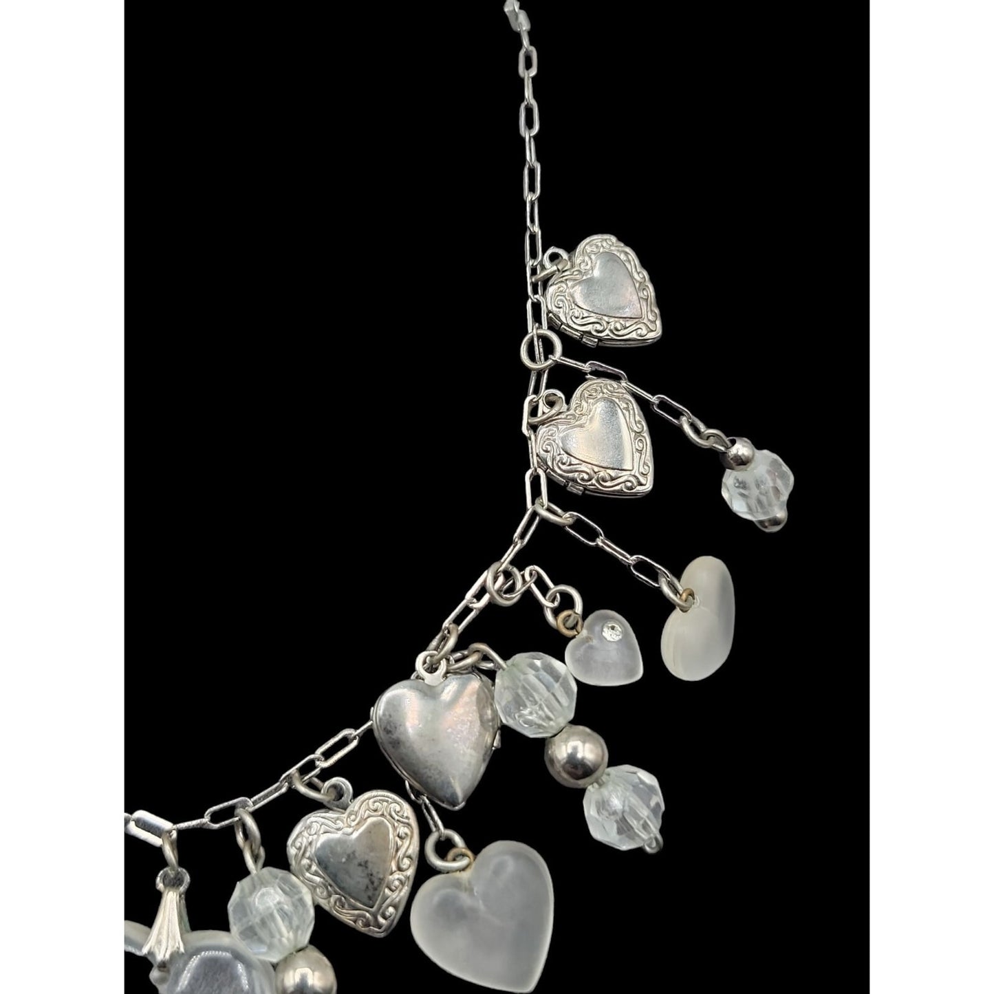 Love Choker Necklace 16" Frost Glass 8 Silver Plated Double Photo Locket Charms