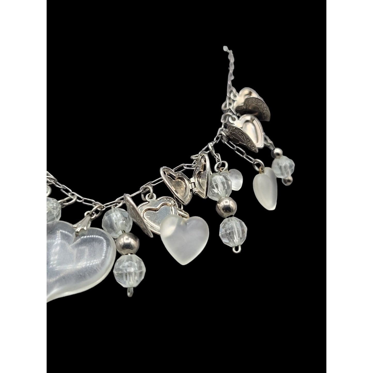 Love Choker Necklace 16" Frost Glass 8 Silver Plated Double Photo Locket Charms