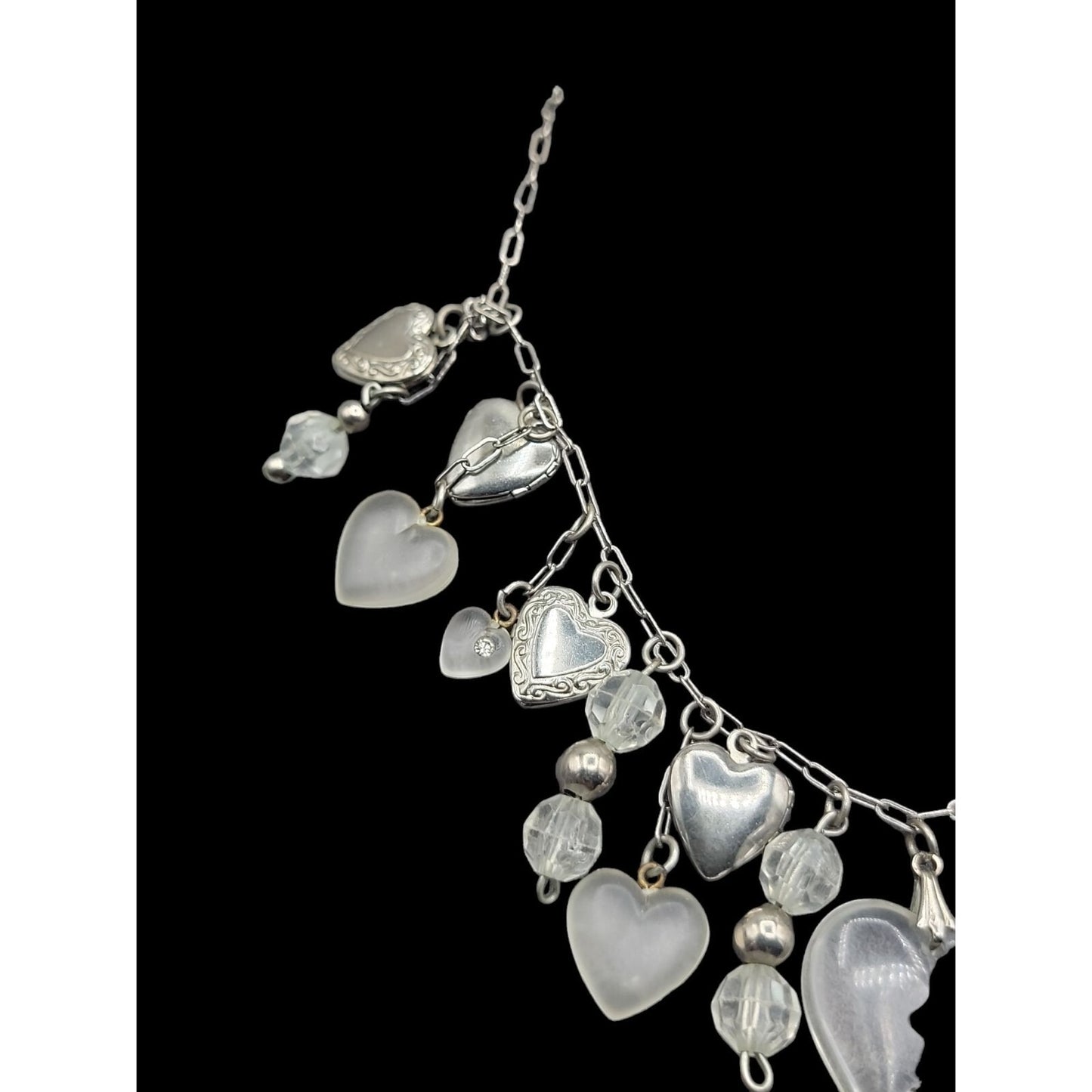 Love Choker Necklace 16" Frost Glass 8 Silver Plated Double Photo Locket Charms