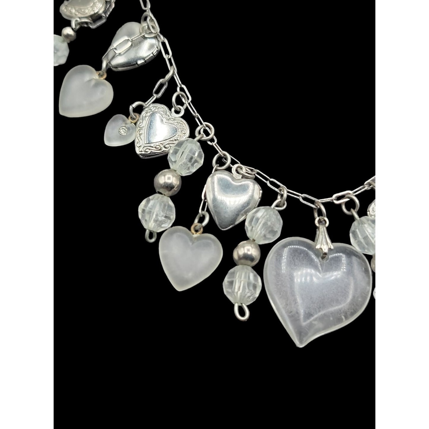 Love Choker Necklace 16" Frost Glass 8 Silver Plated Double Photo Locket Charms