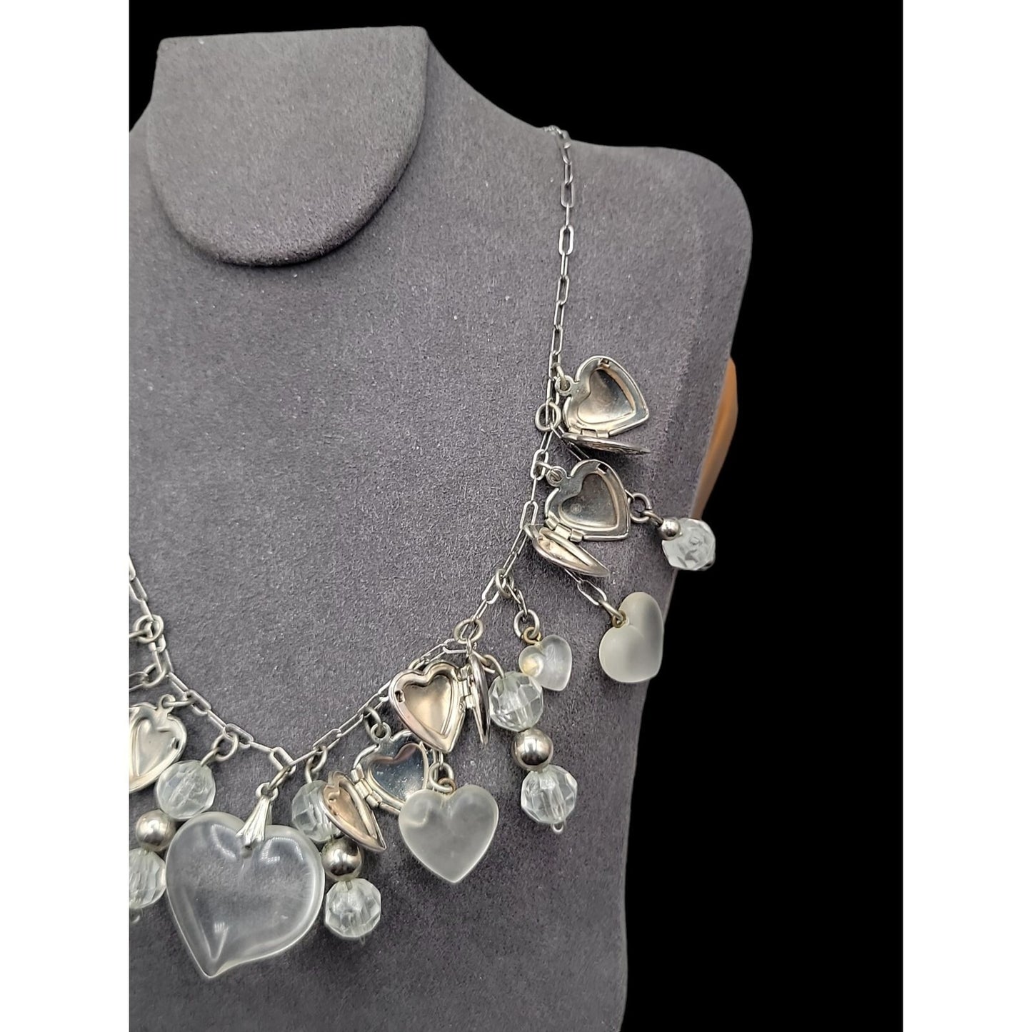 Love Choker Necklace 16" Frost Glass 8 Silver Plated Double Photo Locket Charms