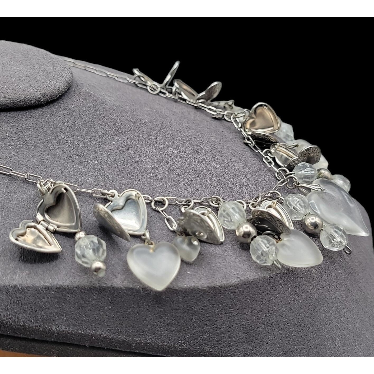 Love Choker Necklace 16" Frost Glass 8 Silver Plated Double Photo Locket Charms